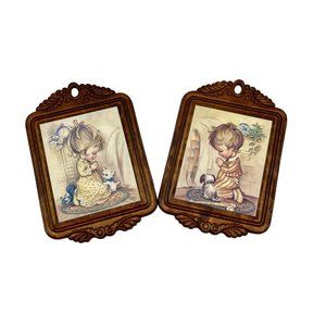 VTG 1970s Coby Children Bedtime Prayers on wood boy, girl and puppies